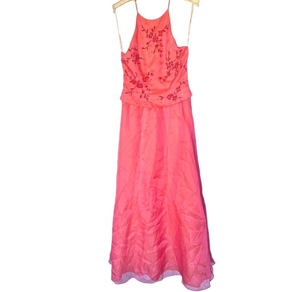 Niki Livas Pink Orange Embroidered Halter Dress With Corset Back Sz 6 Ball Gown - Picture 1 of 12